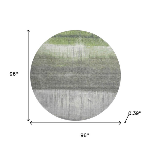 8' Fern Green And Gray Abstract Washable Round Rug With UV Protection
