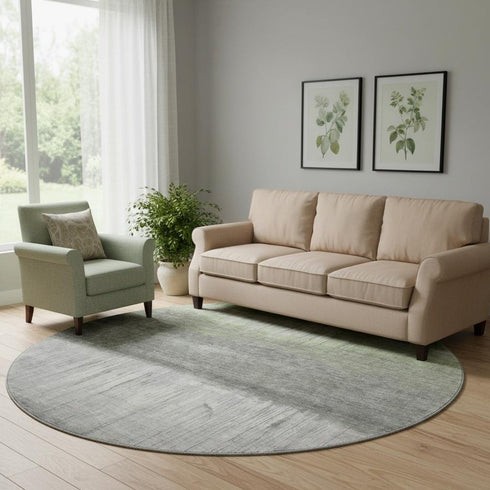 8' Fern Green And Gray Abstract Washable Round Rug With UV Protection