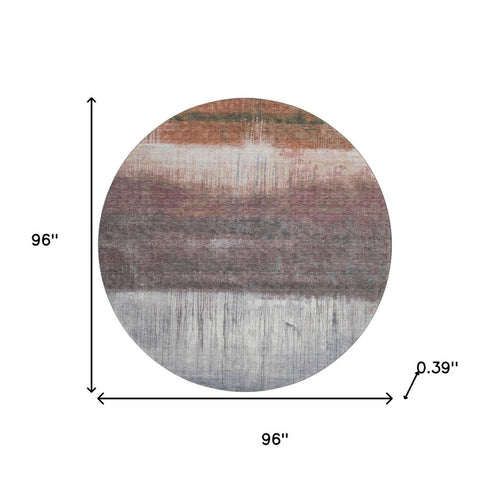 8' Rust And Ivory Abstract Washable Round Rug With UV Protection