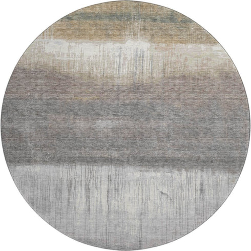 8' Taupe And Ivory Abstract Washable Round Rug With UV Protection
