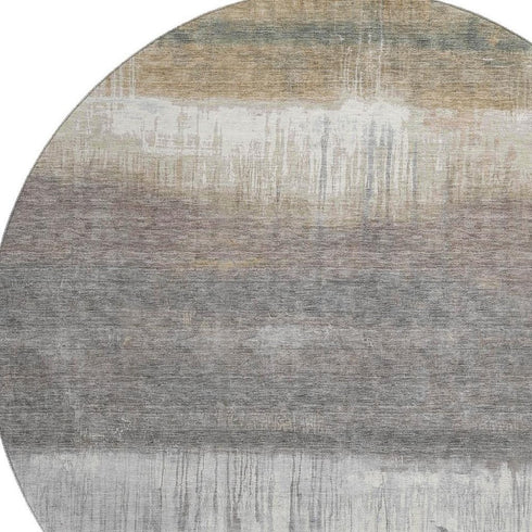 8' Taupe And Ivory Abstract Washable Round Rug With UV Protection