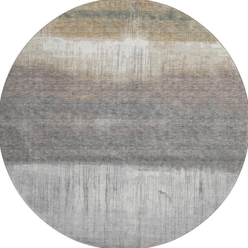 8' Taupe And Ivory Abstract Washable Round Rug With UV Protection