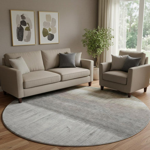 8' Taupe And Ivory Abstract Washable Round Rug With UV Protection