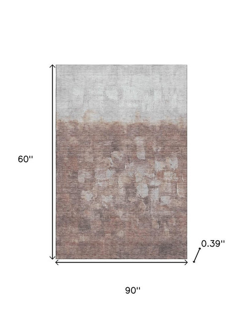 5' X 8' Rust And Silver Abstract Washable Area Rug With UV Protection
