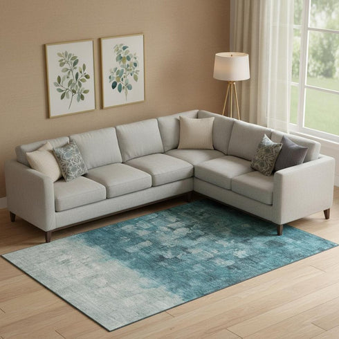8' X 10' Teal And Ivory Abstract Washable Area Rug With UV Protection