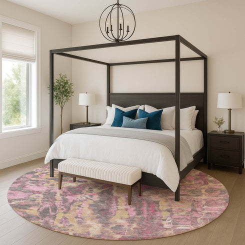 8' Blush And Wheat Abstract Washable Round Rug With UV Protection