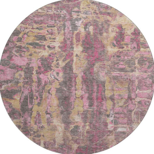 8' Blush And Wheat Abstract Washable Round Rug With UV Protection
