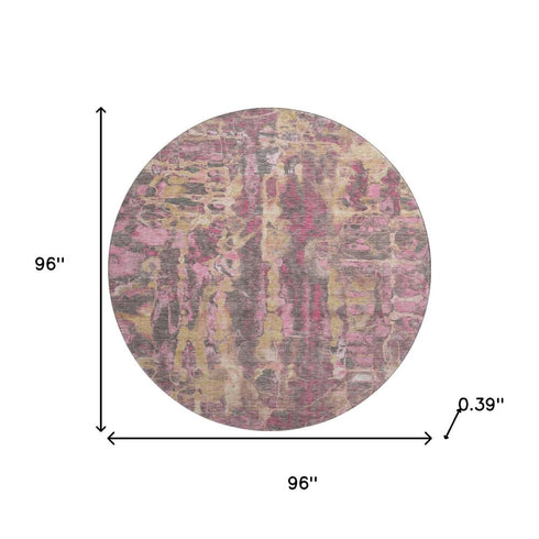 8' Blush And Wheat Abstract Washable Round Rug With UV Protection