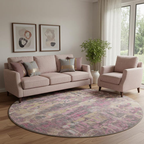 8' Blush And Wheat Abstract Washable Round Rug With UV Protection