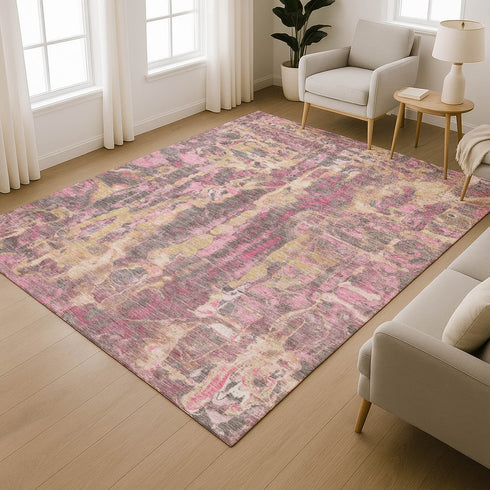 9' X 12' Blush And Wheat Abstract Washable Area Rug With UV Protection