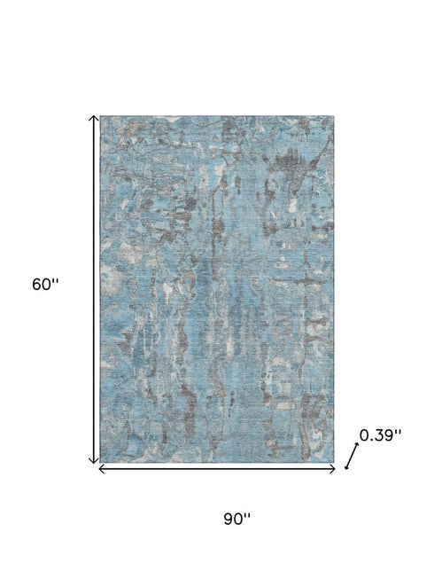 5' X 8' Denim Blue And Gray Abstract Washable Area Rug With UV Protection