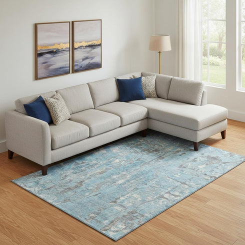 8' X 10' Denim Blue And Gray Abstract Washable Area Rug With UV Protection