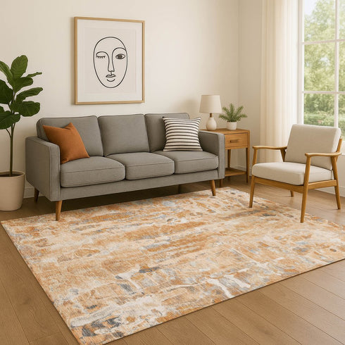 8' X 10' Orange And Ivory Abstract Washable Area Rug With UV Protection