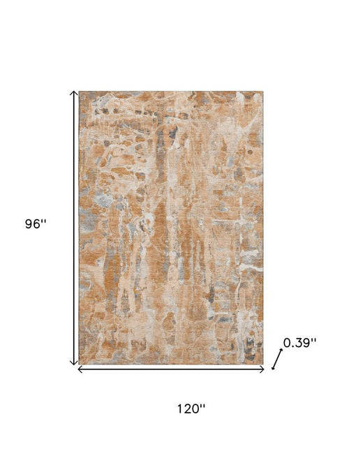 8' X 10' Orange And Ivory Abstract Washable Area Rug With UV Protection