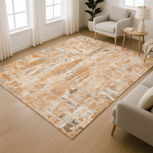 8' X 10' Orange And Ivory Abstract Washable Area Rug With UV Protection