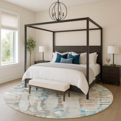 8' Teal And Ivory Abstract Washable Round Rug With UV Protection