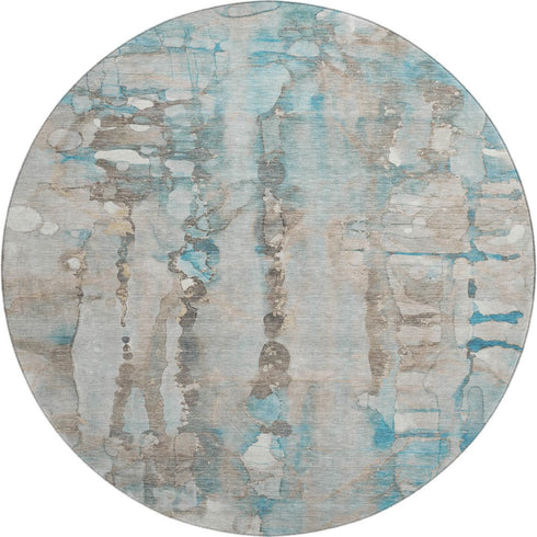 8' Teal And Ivory Abstract Washable Round Rug With UV Protection