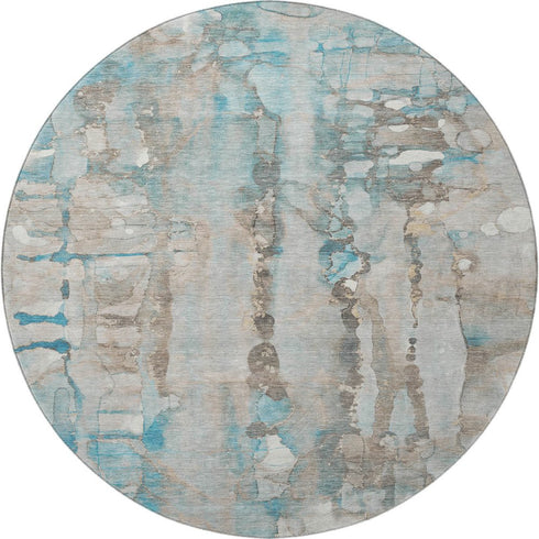 8' Teal And Ivory Abstract Washable Round Rug With UV Protection