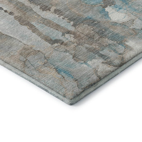 8' Teal And Ivory Abstract Washable Round Rug With UV Protection