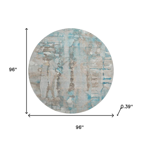 8' Teal And Ivory Abstract Washable Round Rug With UV Protection