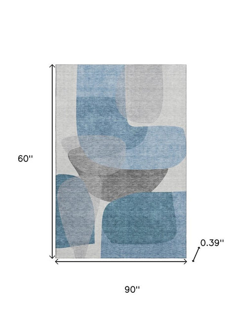 5' X 8' Denim Blue And Gray Abstract Washable Area Rug With UV Protection