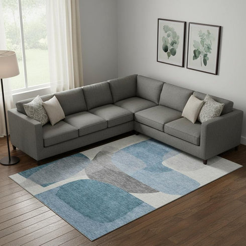 8' X 10' Denim Blue And Gray Abstract Washable Area Rug With UV Protection