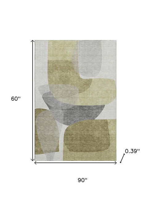 5' X 8' Fern Green And Gray Abstract Washable Area Rug With UV Protection