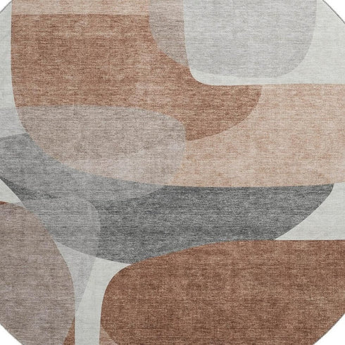 8' Rust And Gray Abstract Washable Round Rug With UV Protection