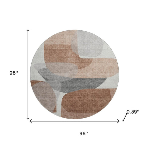 8' Rust And Gray Abstract Washable Round Rug With UV Protection