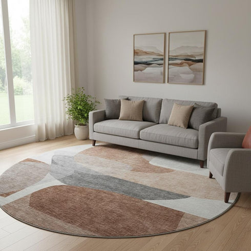 8' Rust And Gray Abstract Washable Round Rug With UV Protection