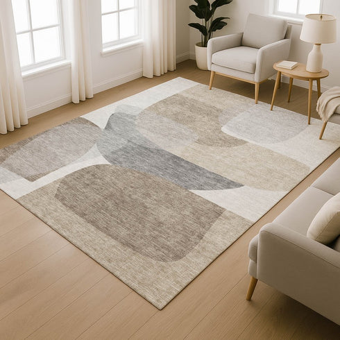 9' X 12' Taupe And Gray Abstract Washable Area Rug With UV Protection