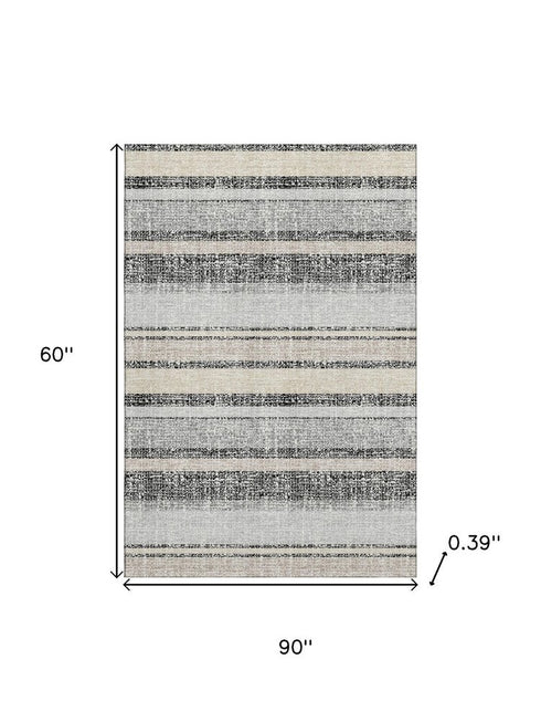 5' X 8' Black And Beige Striped Washable Area Rug With UV Protection