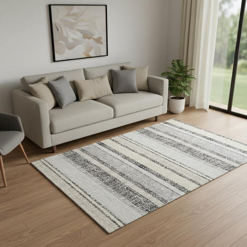 5' X 8' Black And Beige Striped Washable Area Rug With UV Protection