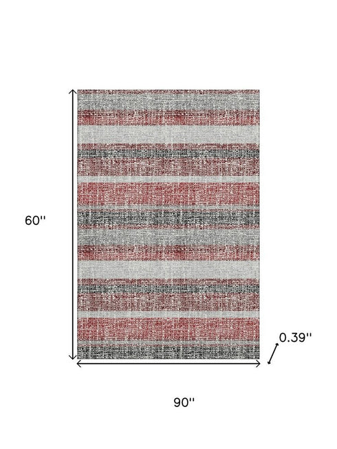 5' X 8' Burgundy And Gray Striped Washable Area Rug With UV Protection