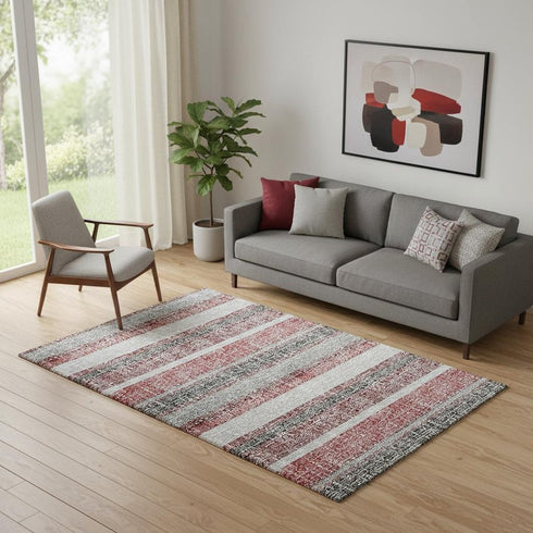 5' X 8' Burgundy And Gray Striped Washable Area Rug With UV Protection