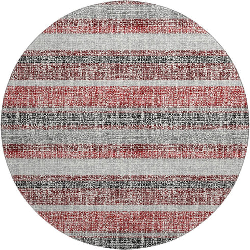 8' Burgundy And Gray Striped Washable Round Rug With UV Protection