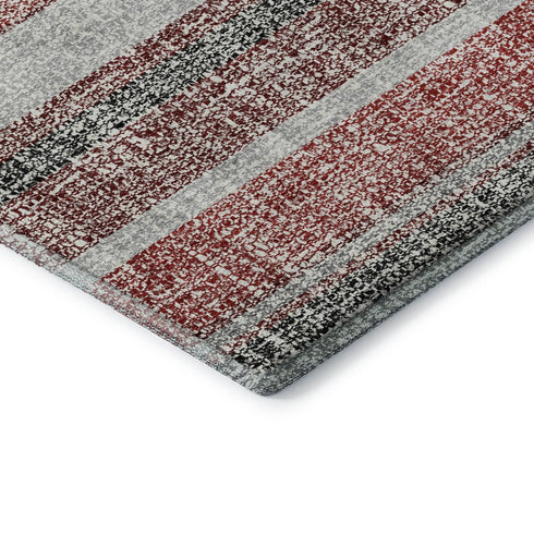 8' Burgundy And Gray Striped Washable Round Rug With UV Protection