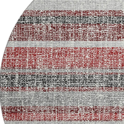 8' Burgundy And Gray Striped Washable Round Rug With UV Protection