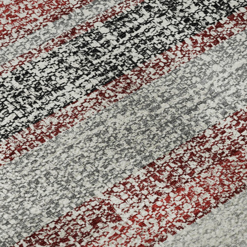 8' Burgundy And Gray Striped Washable Round Rug With UV Protection