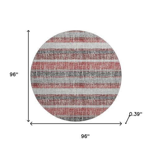 8' Burgundy And Gray Striped Washable Round Rug With UV Protection