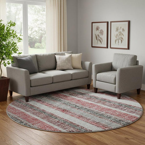 8' Burgundy And Gray Striped Washable Round Rug With UV Protection
