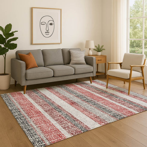 8' X 10' Burgundy And Gray Striped Washable Area Rug With UV Protection