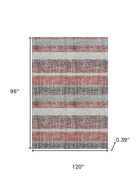 8' X 10' Burgundy And Gray Striped Washable Area Rug With UV Protection