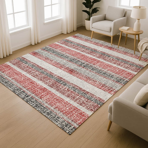 8' X 10' Burgundy And Gray Striped Washable Area Rug With UV Protection