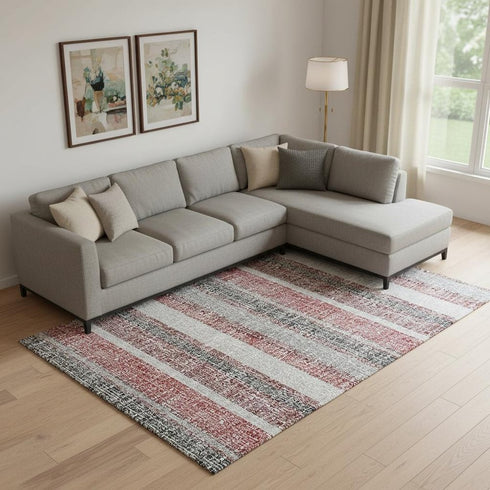 8' X 10' Burgundy And Gray Striped Washable Area Rug With UV Protection