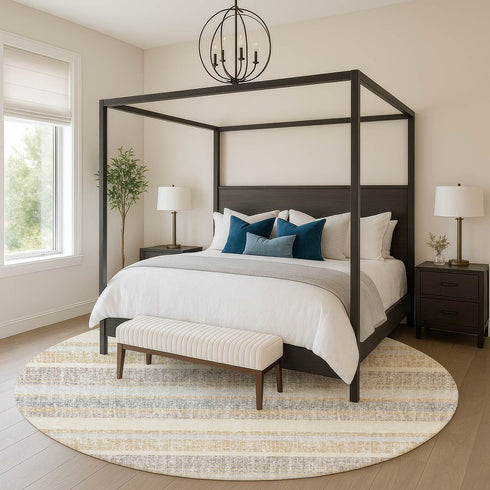 8' Gold And Beige Striped Washable Round Rug With UV Protection