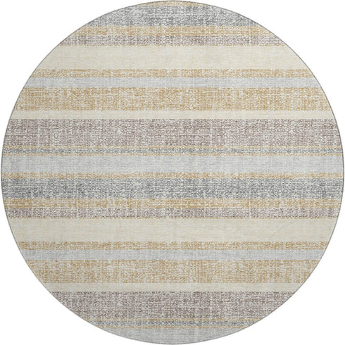8' Gold And Beige Striped Washable Round Rug With UV Protection
