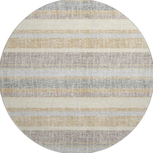 8' Gold And Beige Striped Washable Round Rug With UV Protection