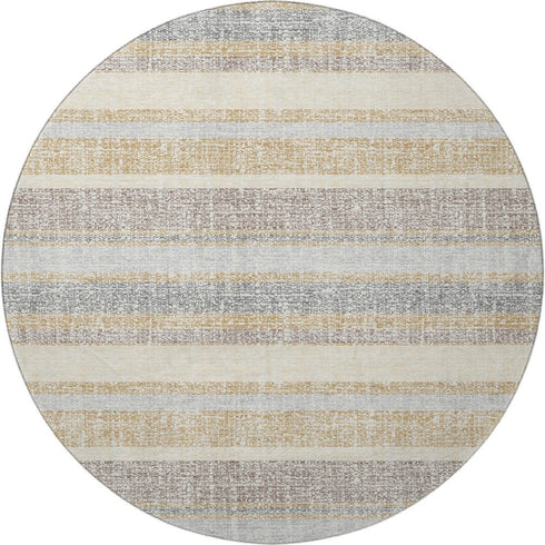 8' Gold And Beige Striped Washable Round Rug With UV Protection