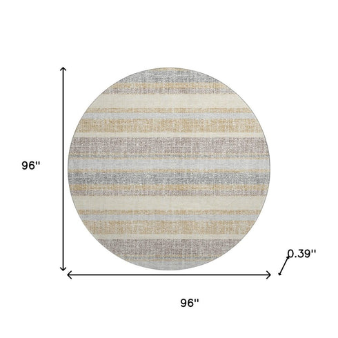 8' Gold And Beige Striped Washable Round Rug With UV Protection